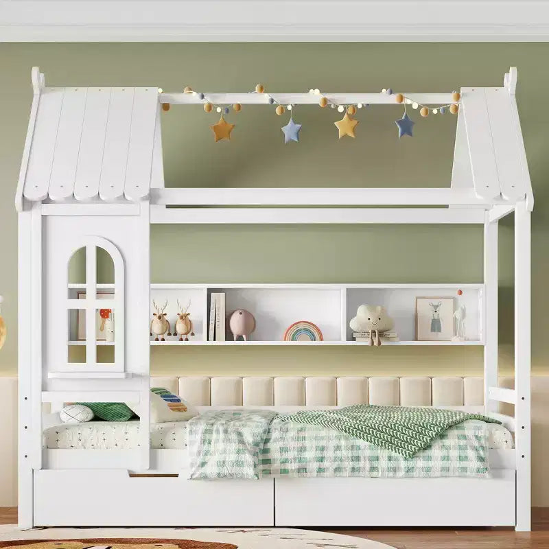 Letto a Capanna Matrimoniale/Una Piazza e Mezza in Legno Massiccio con Cassetti/Ripiani Contenitori, Design a Finestra da Bambino - ModernLuxe