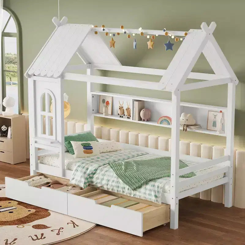 Letto a Capanna Matrimoniale/Una Piazza e Mezza in Legno Massiccio con Cassetti/Ripiani Contenitori, Design a Finestra da Bambino - ModernLuxe