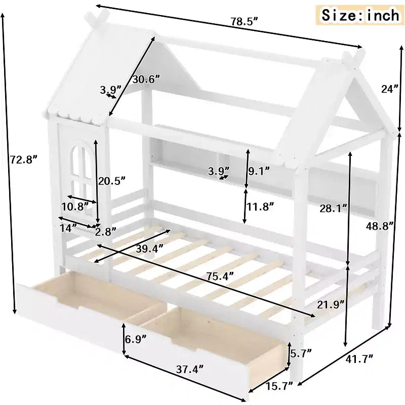 Letto a Capanna Matrimoniale/Una Piazza e Mezza in Legno Massiccio con Cassetti/Ripiani Contenitori, Design a Finestra da Bambino - ModernLuxe