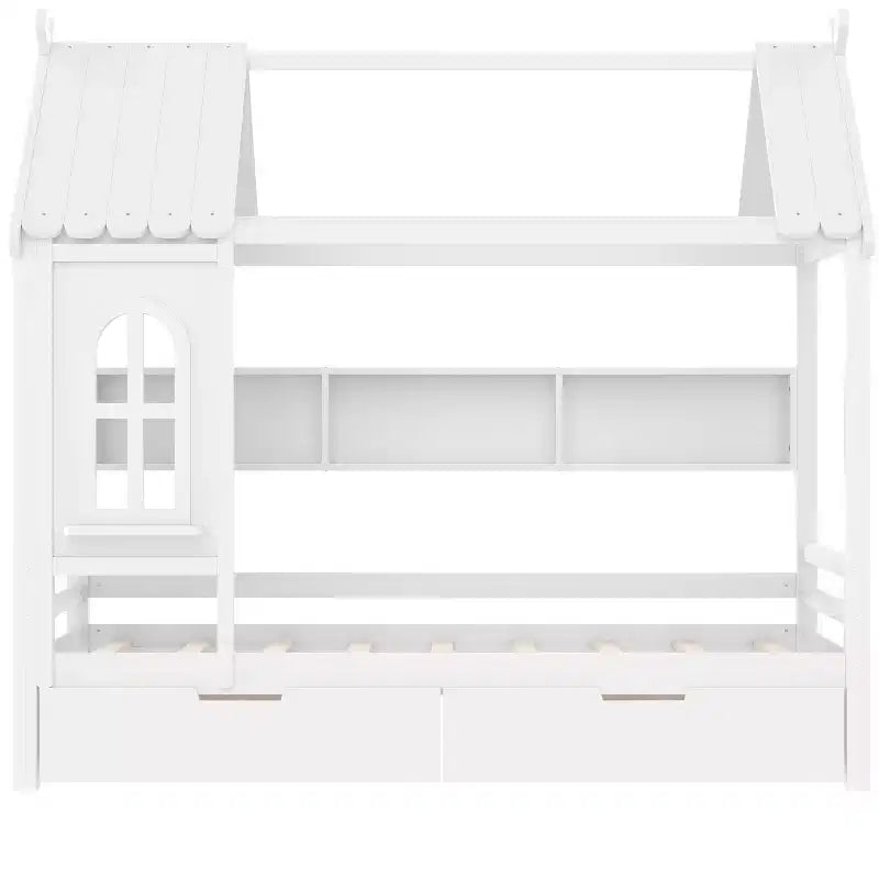 Letto a Capanna Matrimoniale/Una Piazza e Mezza in Legno Massiccio con Cassetti/Ripiani Contenitori, Design a Finestra da Bambino - ModernLuxe