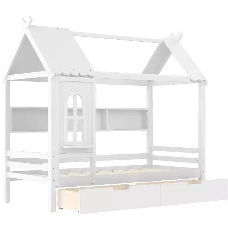 Letto a Capanna Matrimoniale/Una Piazza e Mezza in Legno Massiccio con Cassetti/Ripiani Contenitori, Design a Finestra da Bambino - ModernLuxe