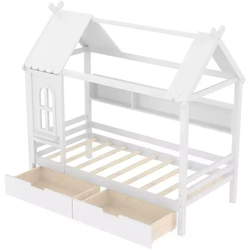 Letto a Capanna Matrimoniale/Una Piazza e Mezza in Legno Massiccio con Cassetti/Ripiani Contenitori, Design a Finestra da Bambino - ModernLuxe