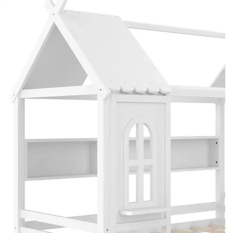 Letto a Capanna Matrimoniale/Una Piazza e Mezza in Legno Massiccio con Cassetti/Ripiani Contenitori, Design a Finestra da Bambino - ModernLuxe