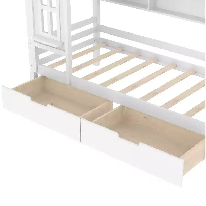 Letto a Capanna Matrimoniale/Una Piazza e Mezza in Legno Massiccio con Cassetti/Ripiani Contenitori, Design a Finestra da Bambino - ModernLuxe