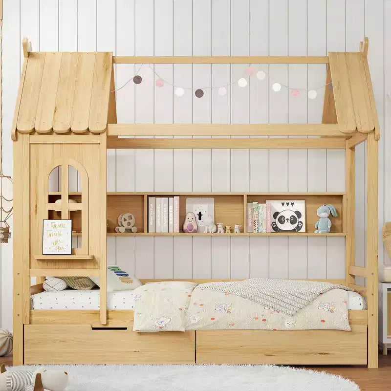 Letto a Capanna Matrimoniale/Una Piazza e Mezza in Legno Massiccio con Cassetti/Ripiani Contenitori, Design a Finestra da Bambino - ModernLuxe