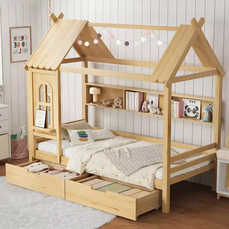 Letto a Capanna Matrimoniale/Una Piazza e Mezza in Legno Massiccio con Cassetti/Ripiani Contenitori, Design a Finestra da Bambino - ModernLuxe