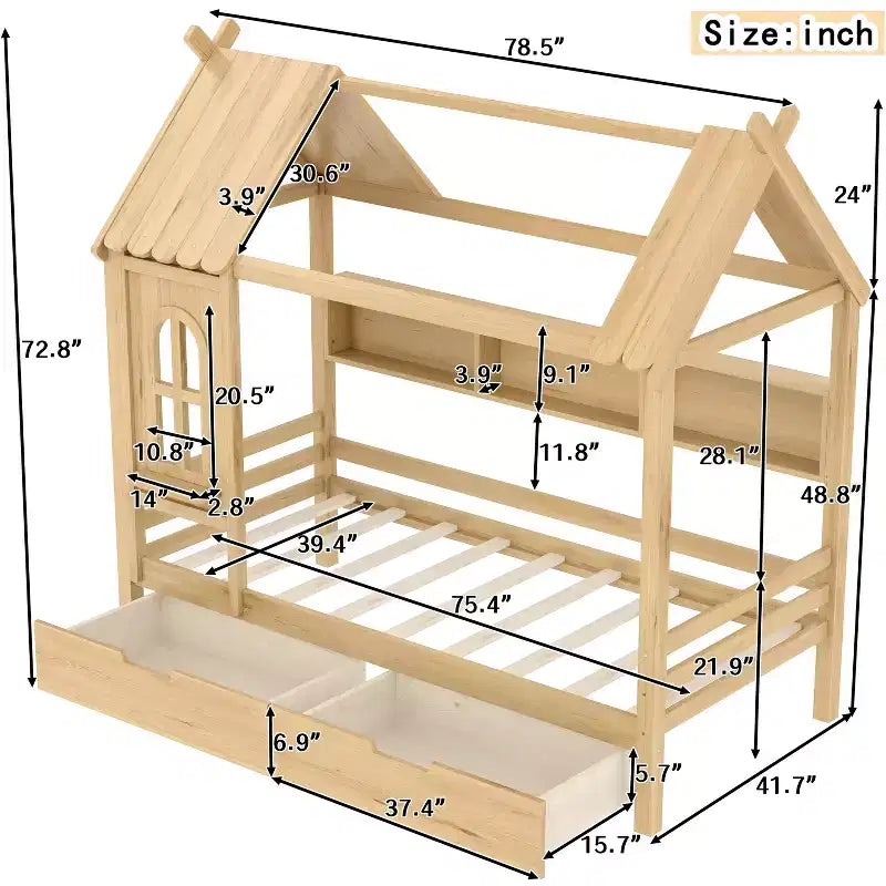 Letto a Capanna Matrimoniale/Una Piazza e Mezza in Legno Massiccio con Cassetti/Ripiani Contenitori, Design a Finestra da Bambino - ModernLuxe
