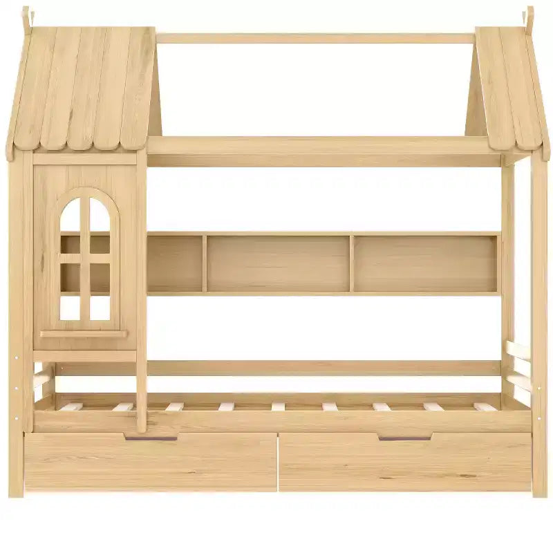 Letto a Capanna Matrimoniale/Una Piazza e Mezza in Legno Massiccio con Cassetti/Ripiani Contenitori, Design a Finestra da Bambino - ModernLuxe