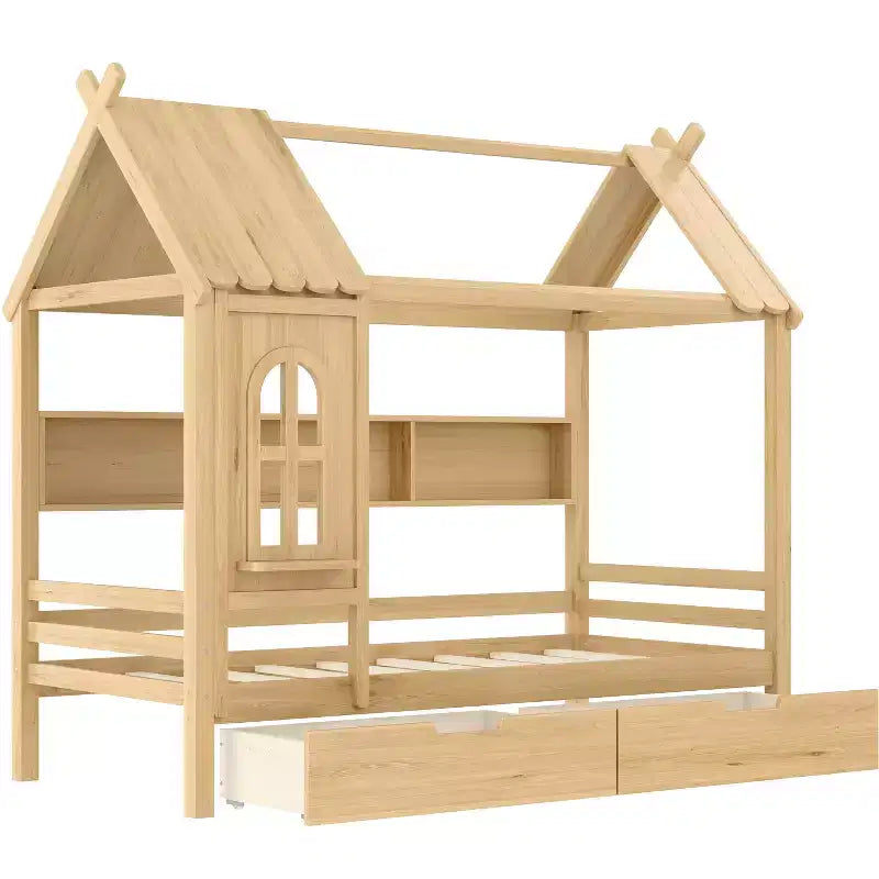 Letto a Capanna Matrimoniale/Una Piazza e Mezza in Legno Massiccio con Cassetti/Ripiani Contenitori, Design a Finestra da Bambino - ModernLuxe