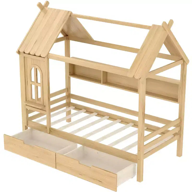 Letto a Capanna Matrimoniale/Una Piazza e Mezza in Legno Massiccio con Cassetti/Ripiani Contenitori, Design a Finestra da Bambino - ModernLuxe
