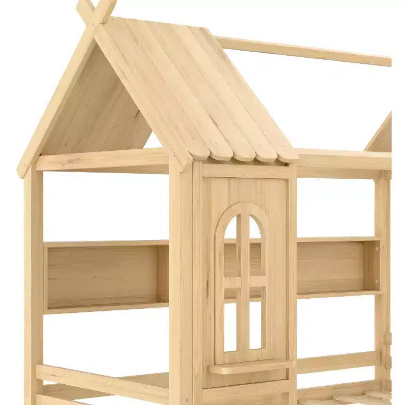 Letto a Capanna Matrimoniale/Una Piazza e Mezza in Legno Massiccio con Cassetti/Ripiani Contenitori, Design a Finestra da Bambino - ModernLuxe
