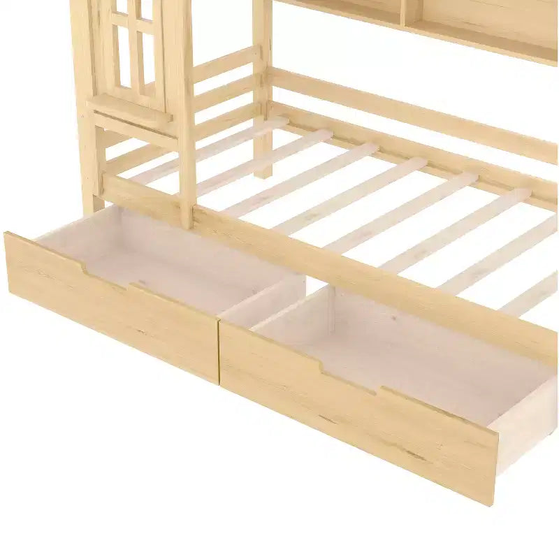 Letto a Capanna Matrimoniale/Una Piazza e Mezza in Legno Massiccio con Cassetti/Ripiani Contenitori, Design a Finestra da Bambino - ModernLuxe