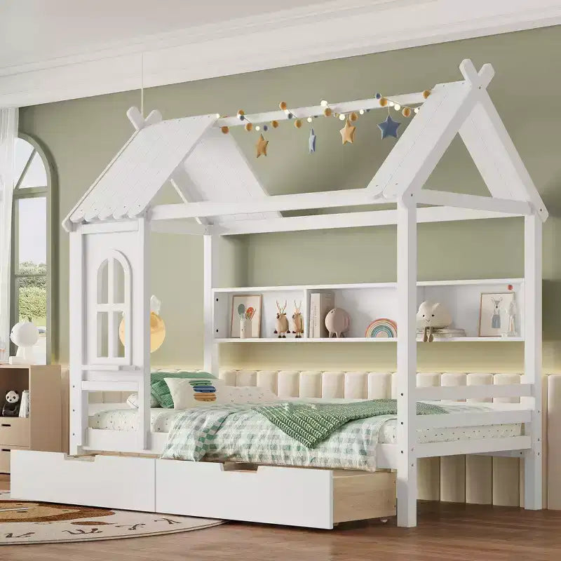 Letto a Capanna Matrimoniale/Una Piazza e Mezza in Legno Massiccio con Cassetti/Ripiani Contenitori, Design a Finestra da Bambino - ModernLuxe