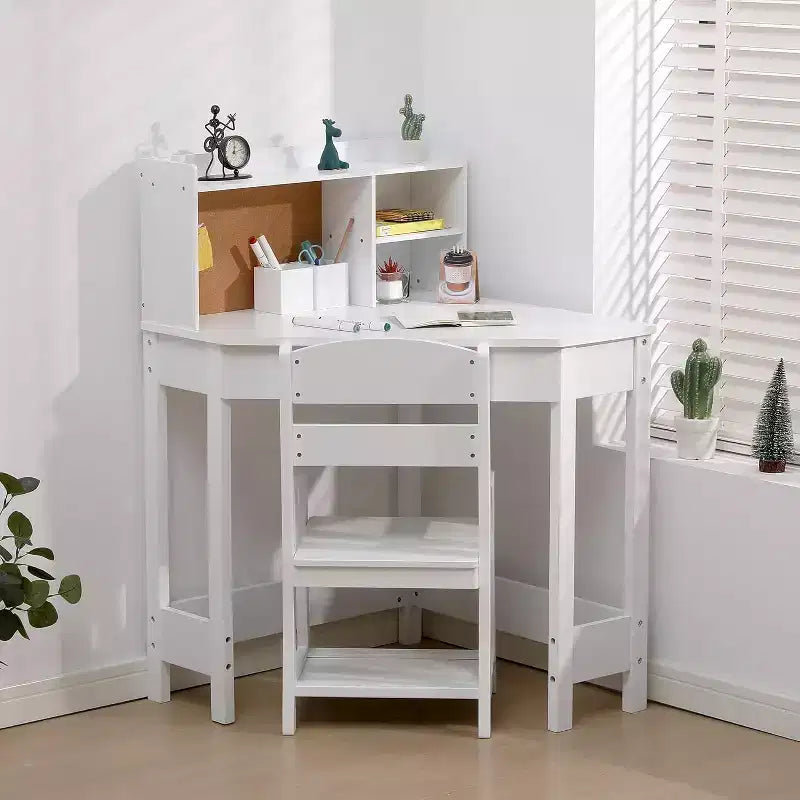 Set scrivania e sedia per bambini, tavolo angolare in legno per studio con libreria, bacheca e portapenne, tavolo da scrittura per ragazzi e ragazze