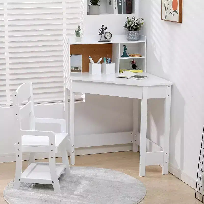 Set scrivania e sedia per bambini, tavolo angolare in legno per studio con libreria, bacheca e portapenne, tavolo da scrittura per ragazzi e ragazze