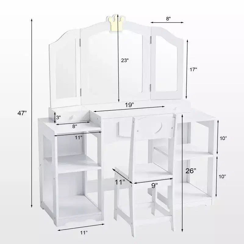 Karl Home Tavolino da trucco e sedia per bambini, Mobiletto da toeletta 2 in 1 con specchio a tre ante per bambine