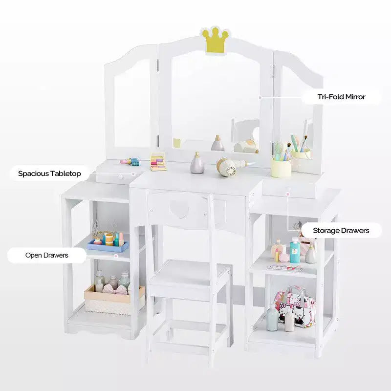 Karl Home Tavolino da trucco e sedia per bambini, Mobiletto da toeletta 2 in 1 con specchio a tre ante per bambine