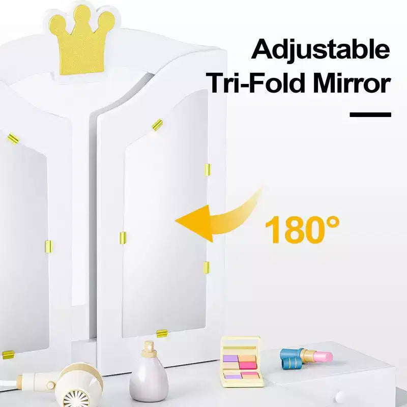 Karl Home Tavolino da trucco e sedia per bambini, Mobiletto da toeletta 2 in 1 con specchio a tre ante per bambine