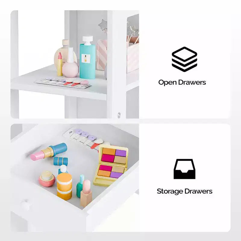 Karl Home Tavolino da trucco e sedia per bambini, Mobiletto da toeletta 2 in 1 con specchio a tre ante per bambine
