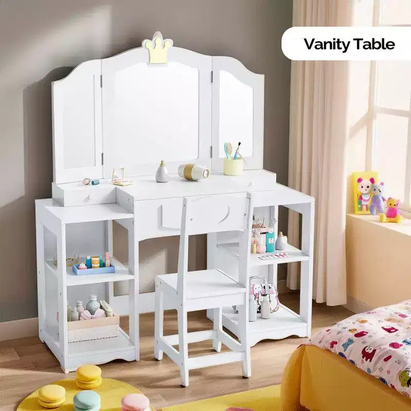 Karl Home Tavolino da trucco e sedia per bambini, Mobiletto da toeletta 2 in 1 con specchio a tre ante per bambine