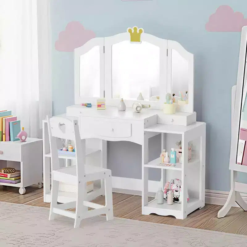 Karl Home Tavolino da trucco e sedia per bambini, Mobiletto da toeletta 2 in 1 con specchio a tre ante per bambine