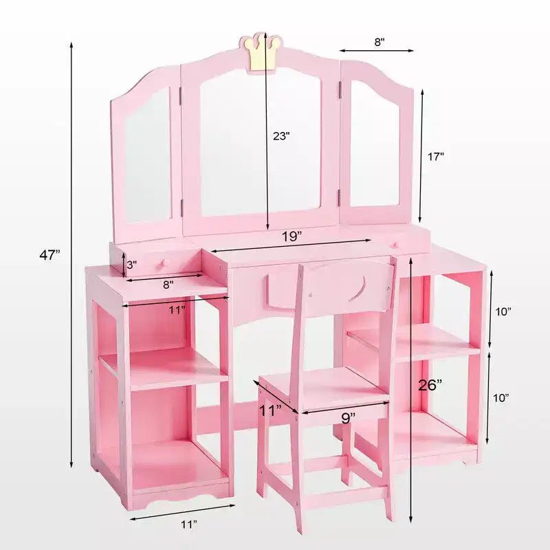 Karl Home Tavolino da trucco e sedia per bambini, Mobiletto da toeletta 2 in 1 con specchio a tre ante per bambine