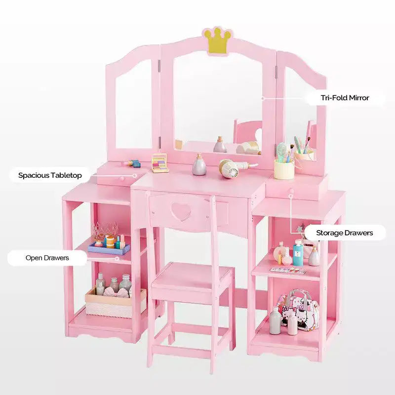 Karl Home Tavolino da trucco e sedia per bambini, Mobiletto da toeletta 2 in 1 con specchio a tre ante per bambine