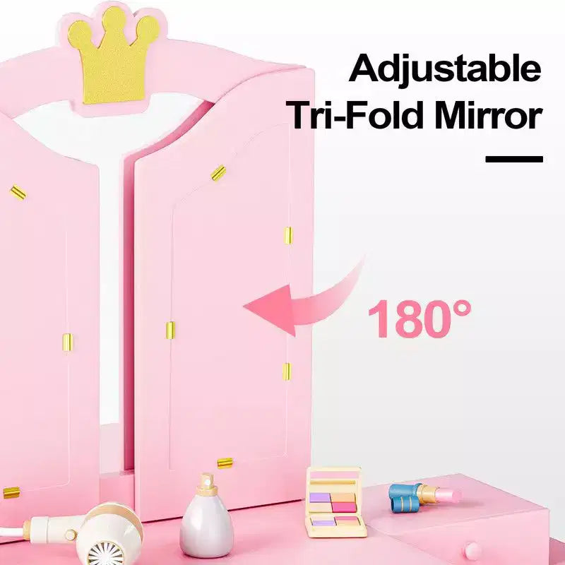 Karl Home Tavolino da trucco e sedia per bambini, Mobiletto da toeletta 2 in 1 con specchio a tre ante per bambine