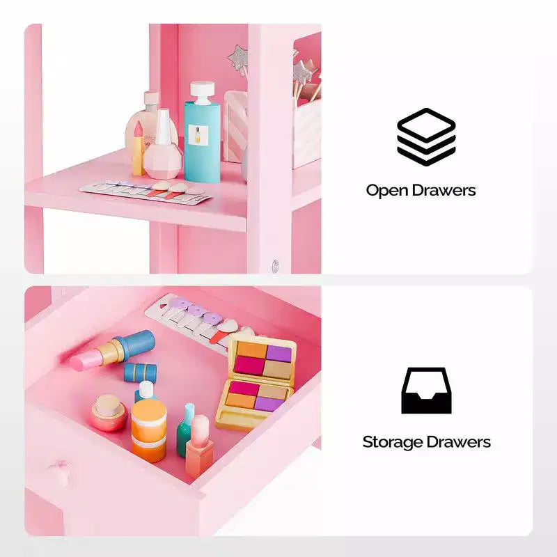 Karl Home Tavolino da trucco e sedia per bambini, Mobiletto da toeletta 2 in 1 con specchio a tre ante per bambine