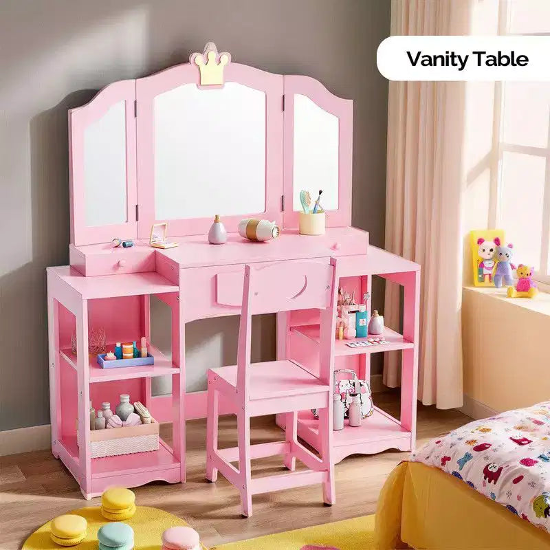Karl Home Tavolino da trucco e sedia per bambini, Mobiletto da toeletta 2 in 1 con specchio a tre ante per bambine