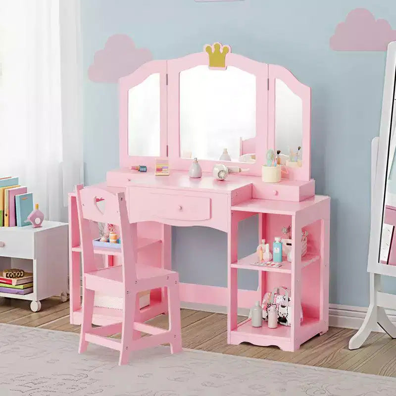 Karl Home Tavolino da trucco e sedia per bambini, Mobiletto da toeletta 2 in 1 con specchio a tre ante per bambine
