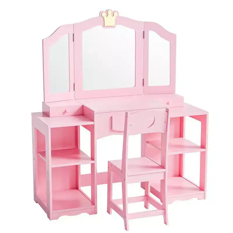 Karl Home Tavolino da trucco e sedia per bambini, Mobiletto da toeletta 2 in 1 con specchio a tre ante per bambine