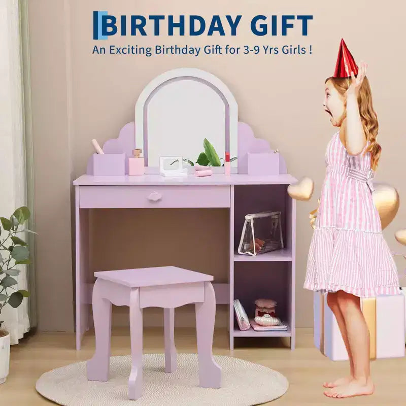Toeletta per Bambini con Specchio Illuminato e Sgabello, Set Toeletta per Bambine con Cassetto e Ripiani Regolabili, Set Trucchi in Legno per Bambini dai 3 ai 9 Anni