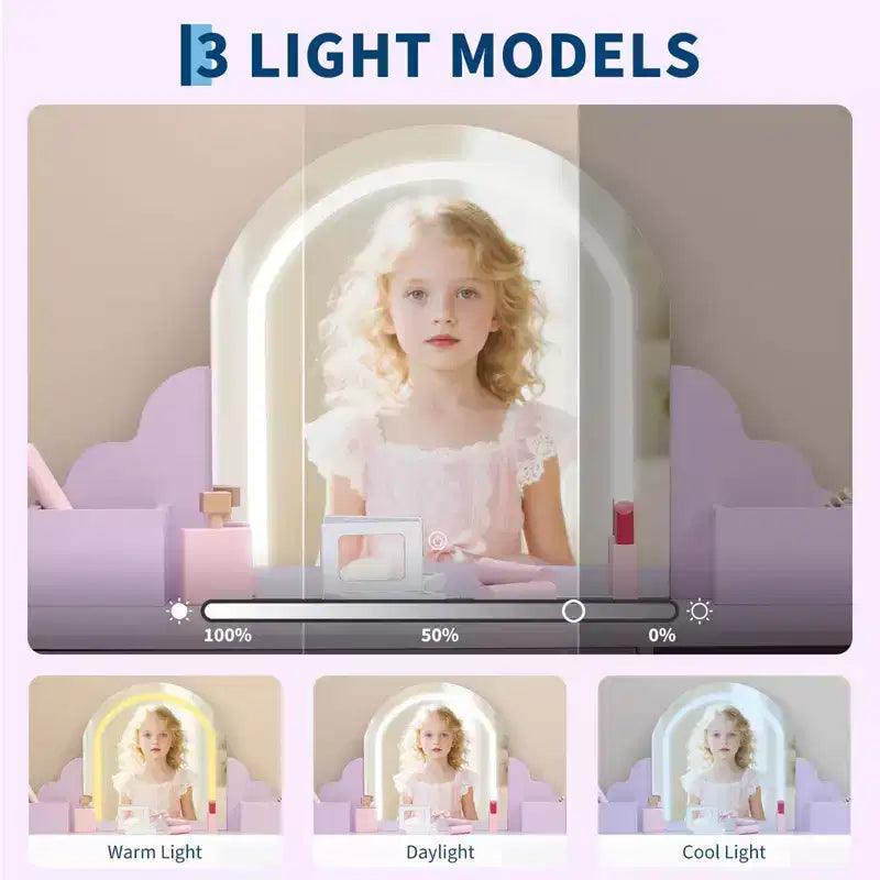 Toeletta per Bambini con Specchio Illuminato e Sgabello, Set Toeletta per Bambine con Cassetto e Ripiani Regolabili, Set Trucchi in Legno per Bambini dai 3 ai 9 Anni
