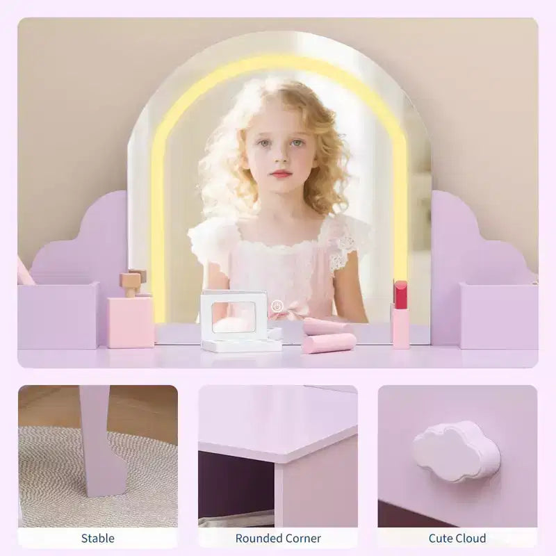 Toeletta per Bambini con Specchio Illuminato e Sgabello, Set Toeletta per Bambine con Cassetto e Ripiani Regolabili, Set Trucchi in Legno per Bambini dai 3 ai 9 Anni