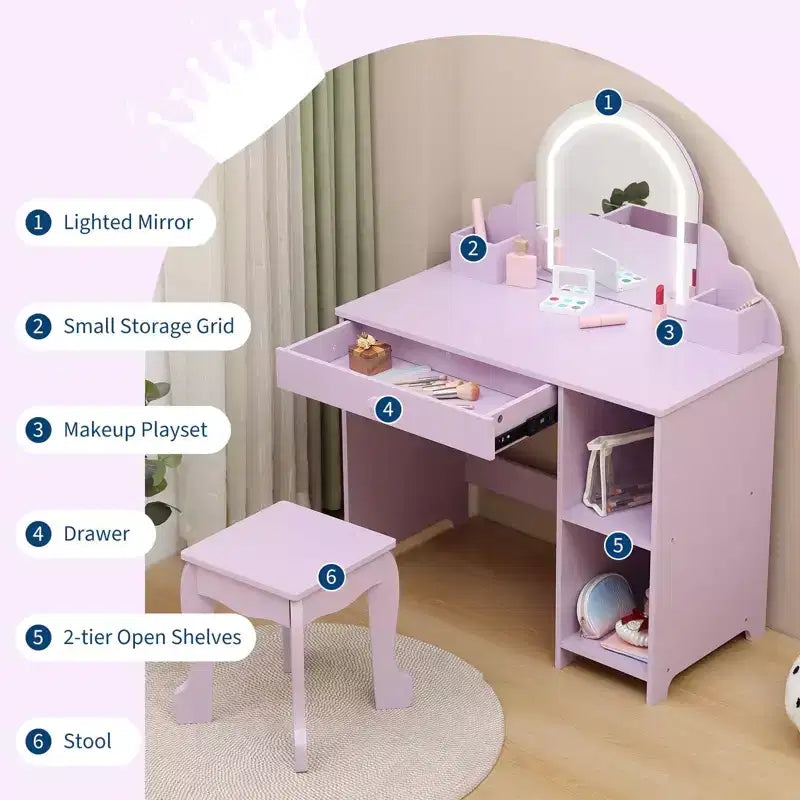 Toeletta per Bambini con Specchio Illuminato e Sgabello, Set Toeletta per Bambine con Cassetto e Ripiani Regolabili, Set Trucchi in Legno per Bambini dai 3 ai 9 Anni