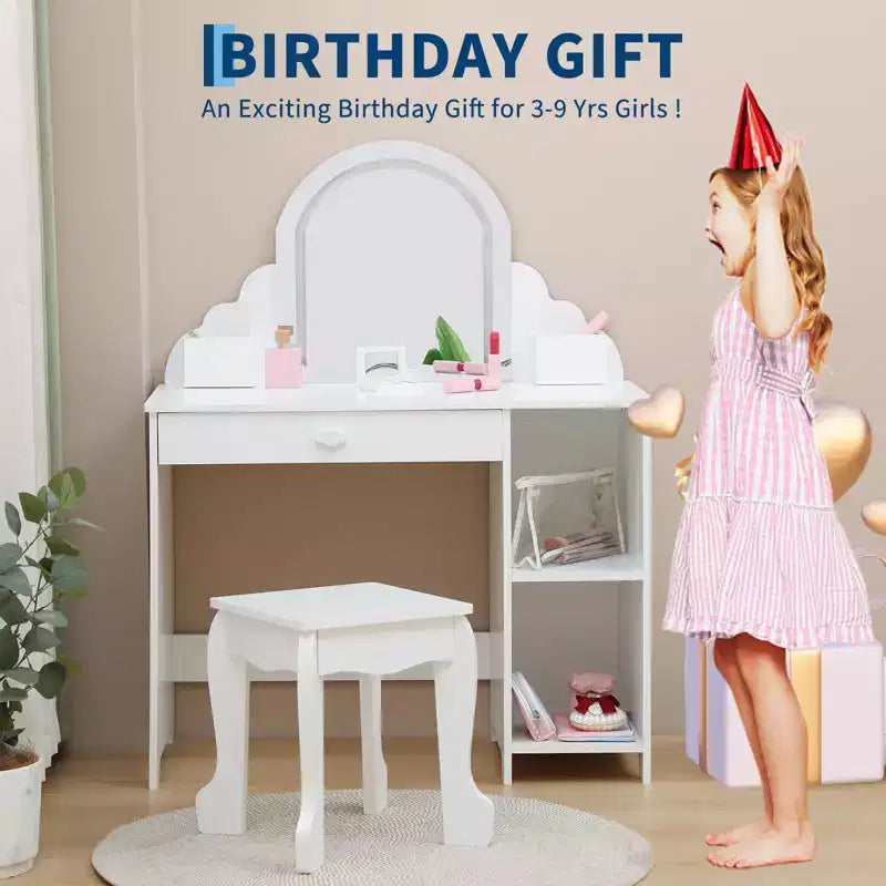 Toeletta per Bambini con Specchio Illuminato e Sgabello, Set Toeletta per Bambine con Cassetto e Ripiani Regolabili, Set Trucchi in Legno per Bambini dai 3 ai 9 Anni