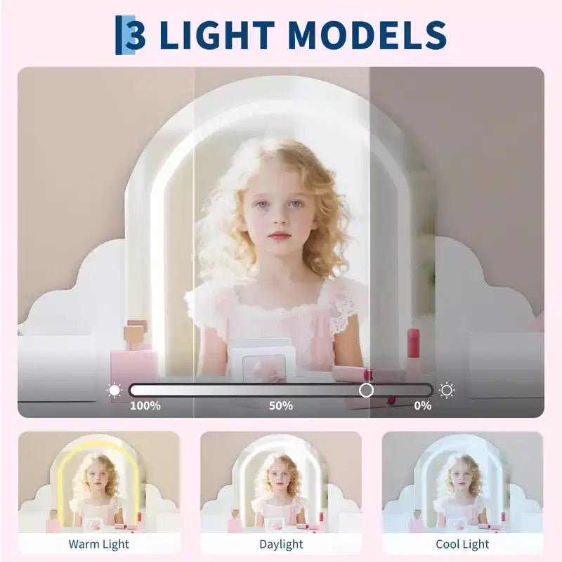 Toeletta per Bambini con Specchio Illuminato e Sgabello, Set Toeletta per Bambine con Cassetto e Ripiani Regolabili, Set Trucchi in Legno per Bambini dai 3 ai 9 Anni