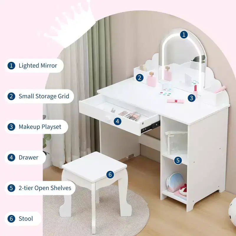 Toeletta per Bambini con Specchio Illuminato e Sgabello, Set Toeletta per Bambine con Cassetto e Ripiani Regolabili, Set Trucchi in Legno per Bambini dai 3 ai 9 Anni