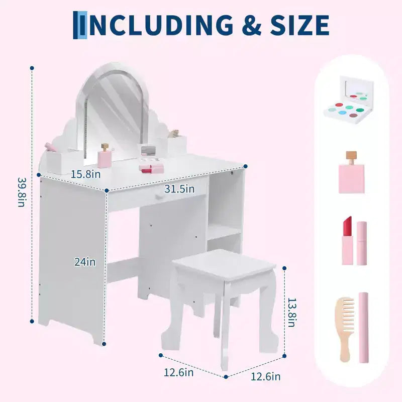 Toeletta per Bambini con Specchio Illuminato e Sgabello, Set Toeletta per Bambine con Cassetto e Ripiani Regolabili, Set Trucchi in Legno per Bambini dai 3 ai 9 Anni