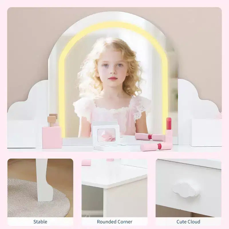 Toeletta per Bambini con Specchio Illuminato e Sgabello, Set Toeletta per Bambine con Cassetto e Ripiani Regolabili, Set Trucchi in Legno per Bambini dai 3 ai 9 Anni