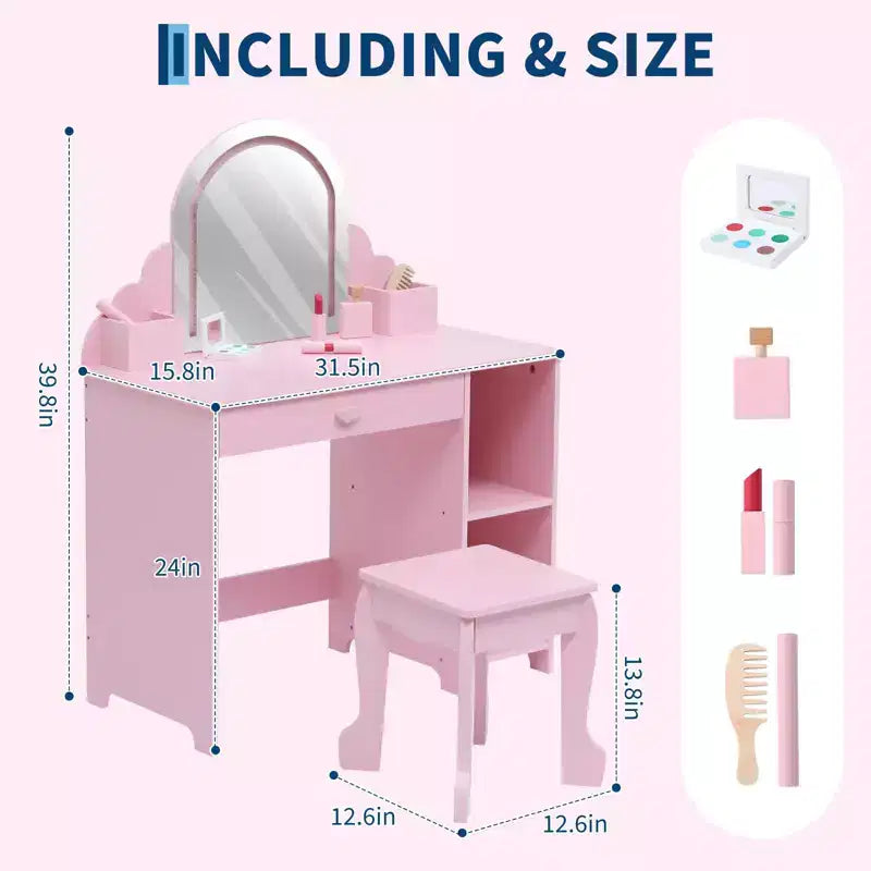 Toeletta per Bambini con Specchio Illuminato e Sgabello, Set Toeletta per Bambine con Cassetto e Ripiani Regolabili, Set Trucchi in Legno per Bambini dai 3 ai 9 Anni