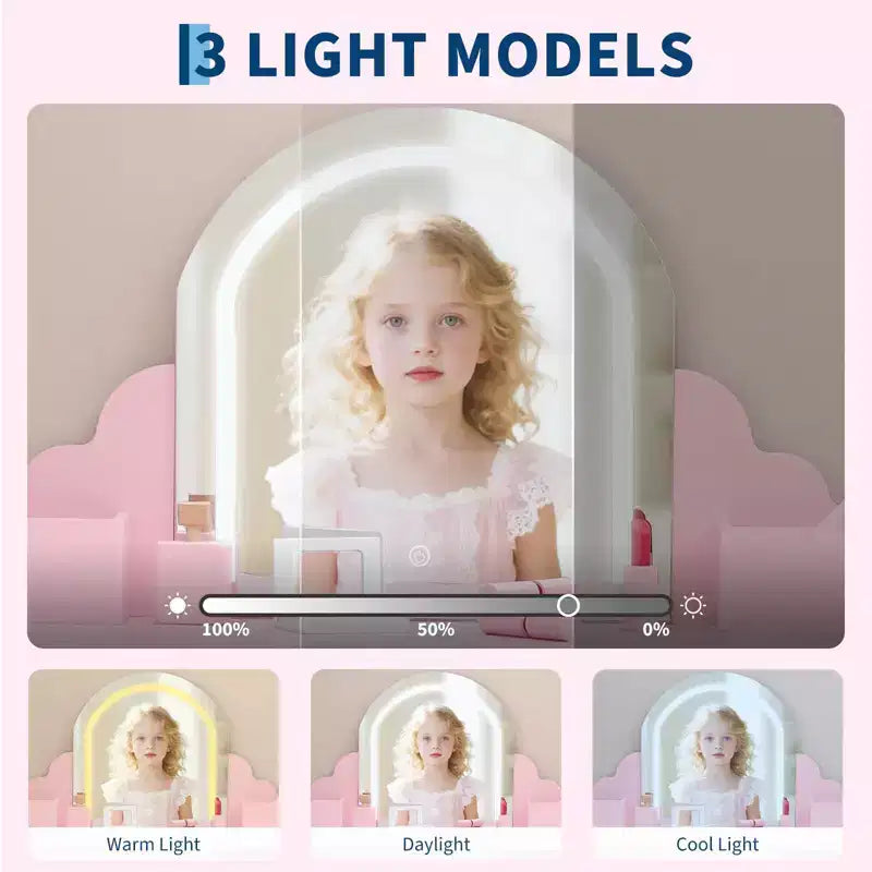 Toeletta per Bambini con Specchio Illuminato e Sgabello, Set Toeletta per Bambine con Cassetto e Ripiani Regolabili, Set Trucchi in Legno per Bambini dai 3 ai 9 Anni