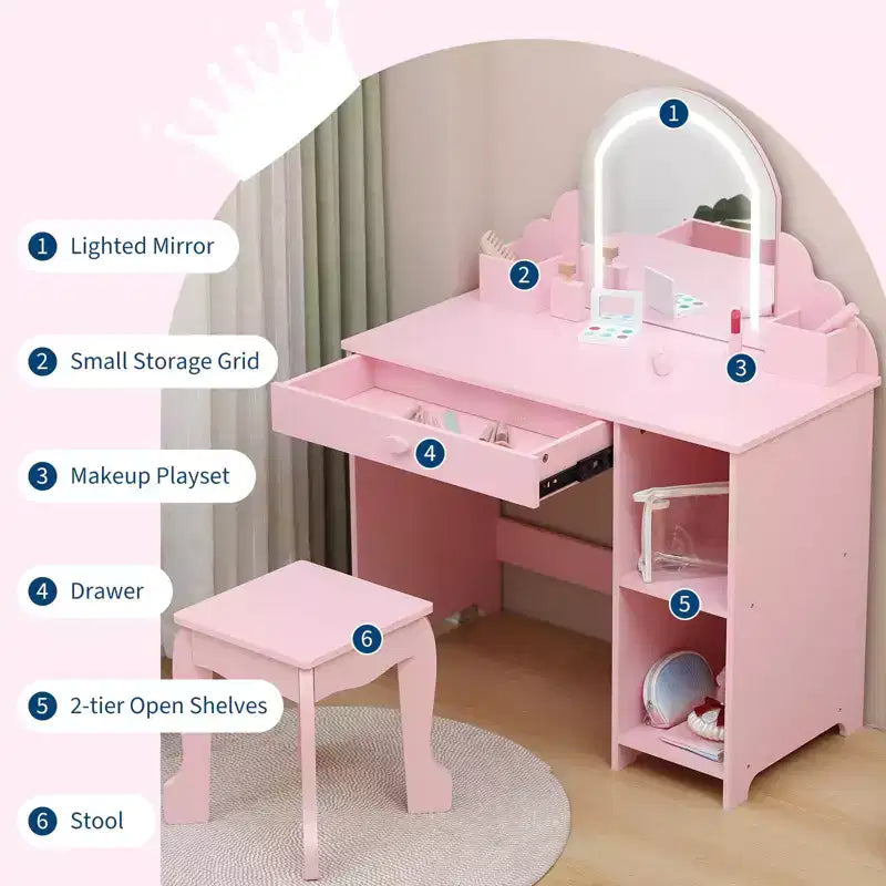 Toeletta per Bambini con Specchio Illuminato e Sgabello, Set Toeletta per Bambine con Cassetto e Ripiani Regolabili, Set Trucchi in Legno per Bambini dai 3 ai 9 Anni