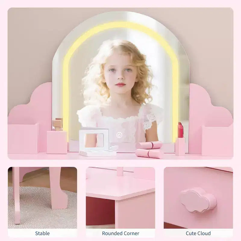 Toeletta per Bambini con Specchio Illuminato e Sgabello, Set Toeletta per Bambine con Cassetto e Ripiani Regolabili, Set Trucchi in Legno per Bambini dai 3 ai 9 Anni