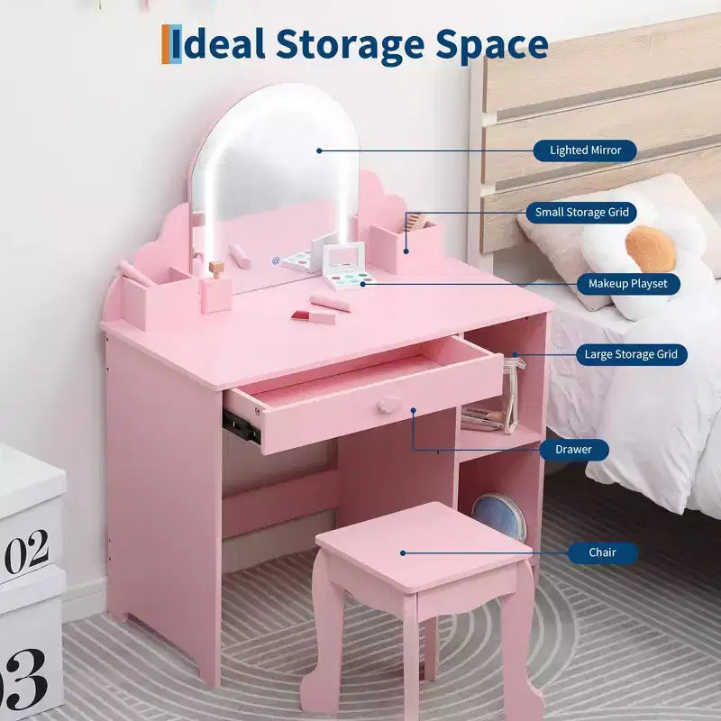 Toeletta per Bambini con Specchio Illuminato e Sgabello, Set Toeletta per Bambine con Cassetto e Ripiani Regolabili, Set Trucchi in Legno per Bambini dai 3 ai 9 Anni