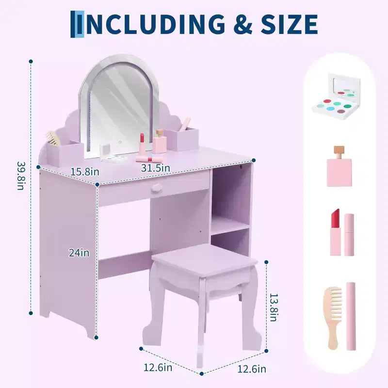 Toeletta per Bambini con Specchio Illuminato e Sgabello, Set Toeletta per Bambine con Cassetto e Ripiani Regolabili, Set Trucchi in Legno per Bambini dai 3 ai 9 Anni