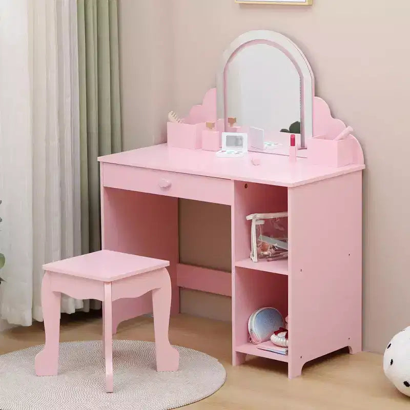 Kids Vanity with Lighted Mirror & Stool  Little Girls Vanity Set with Adjustable, Storage Drawer & Shelves  Wooden Makeup Playset for Ages 3-9
