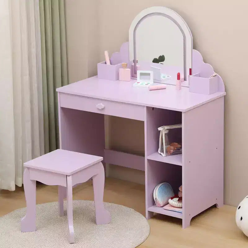 Toeletta per Bambini con Specchio Illuminato e Sgabello, Set Toeletta per Bambine con Cassetto e Ripiani Regolabili, Set Trucchi in Legno per Bambini dai 3 ai 9 Anni