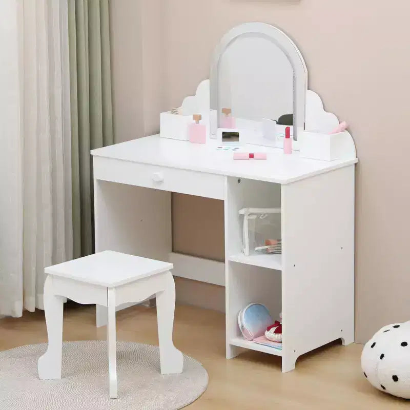 Toeletta per Bambini con Specchio Illuminato e Sgabello, Set Toeletta per Bambine con Cassetto e Ripiani Regolabili, Set Trucchi in Legno per Bambini dai 3 ai 9 Anni